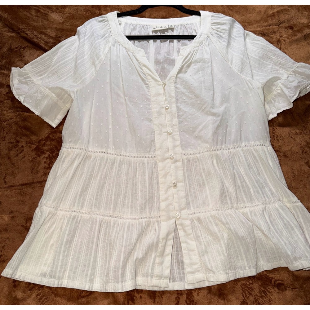 Wonderly Blouse Womens XL White Swiss Dot Tiered Peplum Boho Top